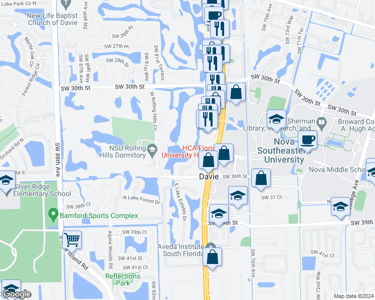 map of restaurants, bars, coffee shops, grocery stores, and more near 3323 Lakeside Drive in Davie