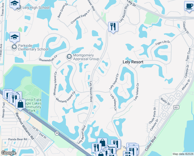 map of restaurants, bars, coffee shops, grocery stores, and more near 7020 Falcons Glen Boulevard in Naples