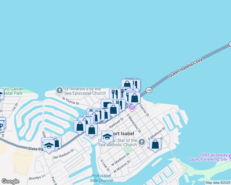 map of restaurants, bars, coffee shops, grocery stores, and more near 400-498 East Houston Street in Port Isabel