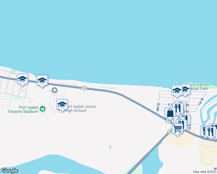 map of restaurants, bars, coffee shops, grocery stores, and more near 48520-49402 East Ocean Boulevard in Port Isabel
