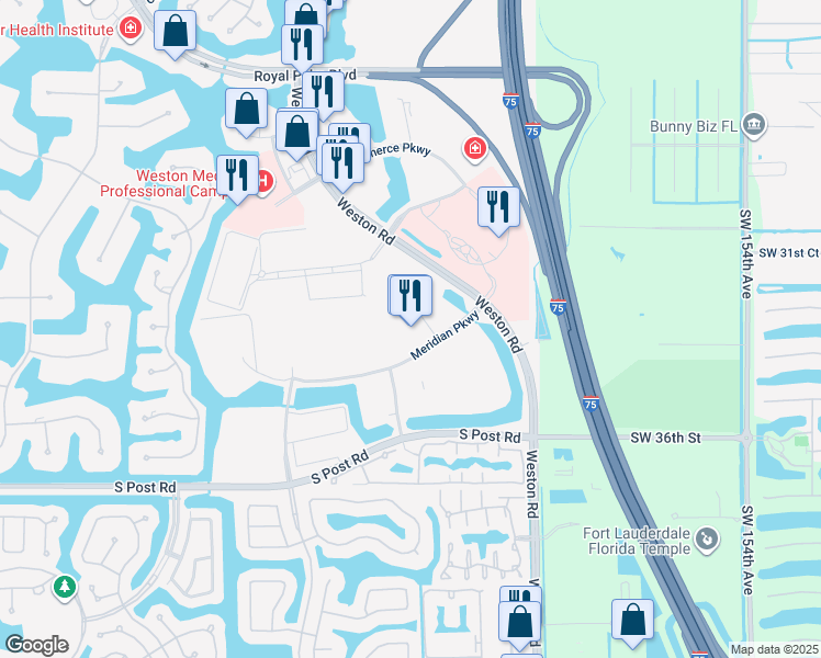 map of restaurants, bars, coffee shops, grocery stores, and more near 3201-3599 Universal Blvd in Weston