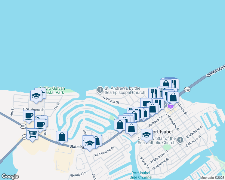 map of restaurants, bars, coffee shops, grocery stores, and more near 818 North Shore Drive in Port Isabel