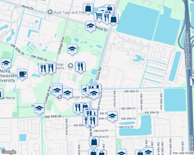 map of restaurants, bars, coffee shops, grocery stores, and more near 3501 Davie Road in Davie