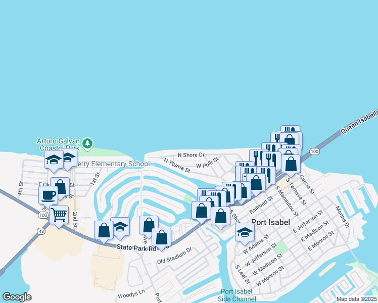map of restaurants, bars, coffee shops, grocery stores, and more near 818 North Shore Drive in Port Isabel