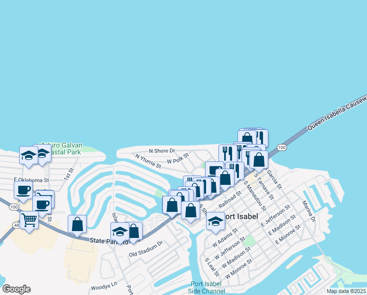 map of restaurants, bars, coffee shops, grocery stores, and more near 614 South Shore Drive in Port Isabel