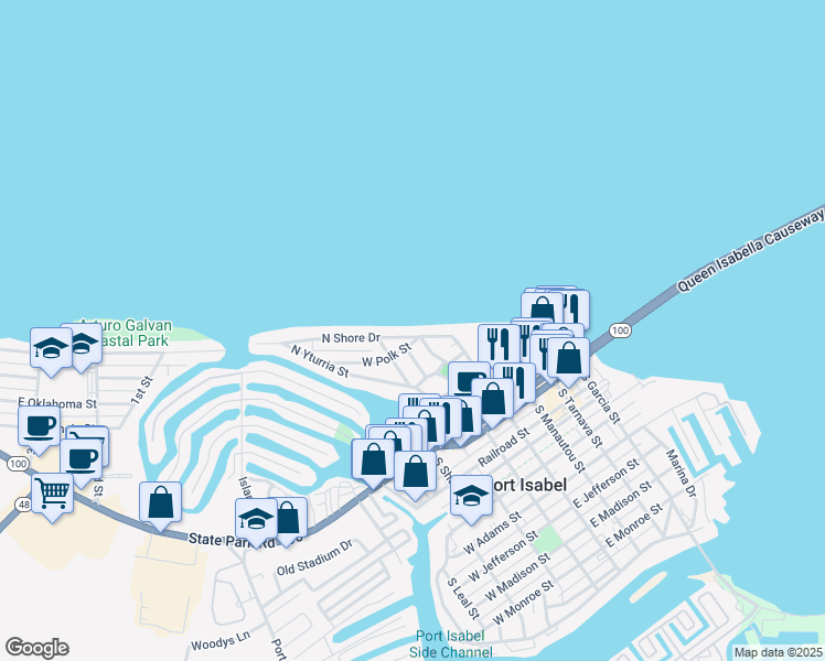 map of restaurants, bars, coffee shops, grocery stores, and more near 614 South Shore Drive in Port Isabel