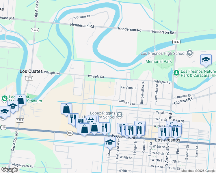map of restaurants, bars, coffee shops, grocery stores, and more near 1026 Easter Lilly Drive in Los Fresnos