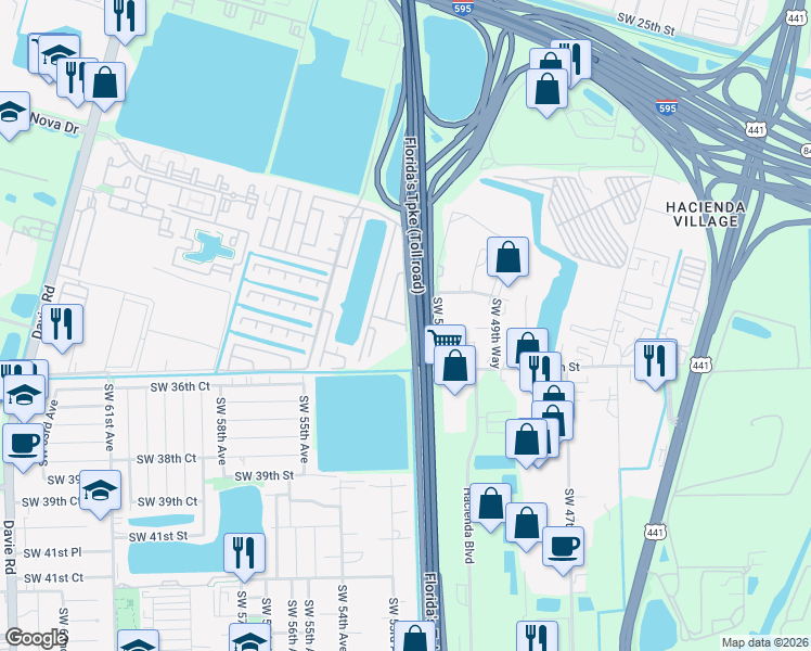 map of restaurants, bars, coffee shops, grocery stores, and more near 5001 Southwest 34th Street in Davie