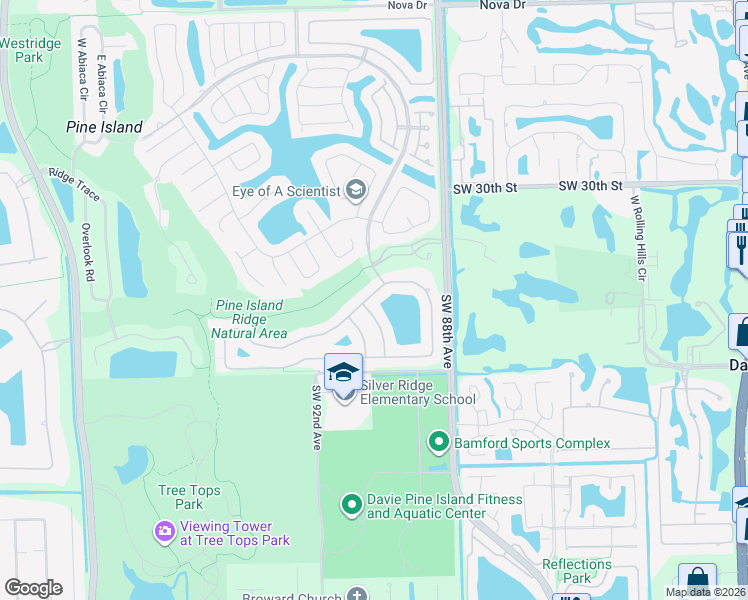 map of restaurants, bars, coffee shops, grocery stores, and more near 8882 Southern Orchard Road South in Davie