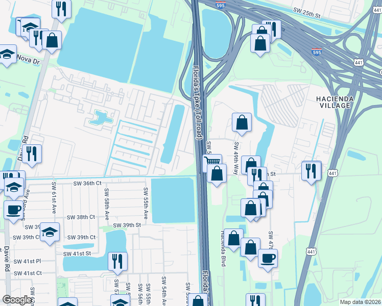 map of restaurants, bars, coffee shops, grocery stores, and more near 5001-5047 Southwest 34th Street in Davie