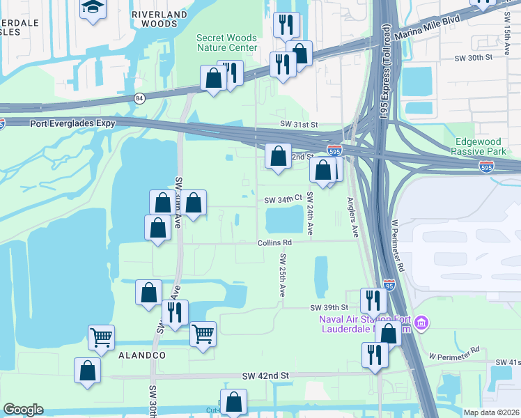 map of restaurants, bars, coffee shops, grocery stores, and more near 3460 Southwest 26th Terrace in Fort Lauderdale
