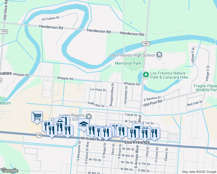 map of restaurants, bars, coffee shops, grocery stores, and more near 731 Carnation in Los Fresnos