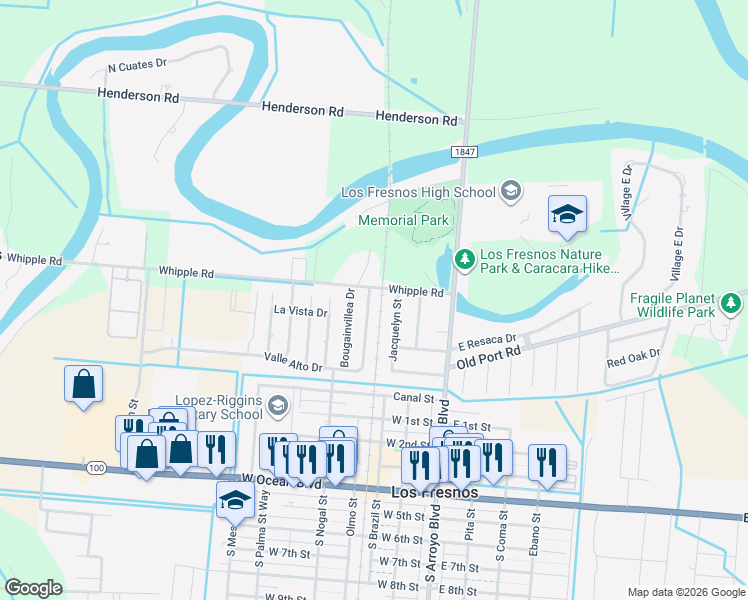 map of restaurants, bars, coffee shops, grocery stores, and more near 633 Valle Alto Dr in Los Fresnos