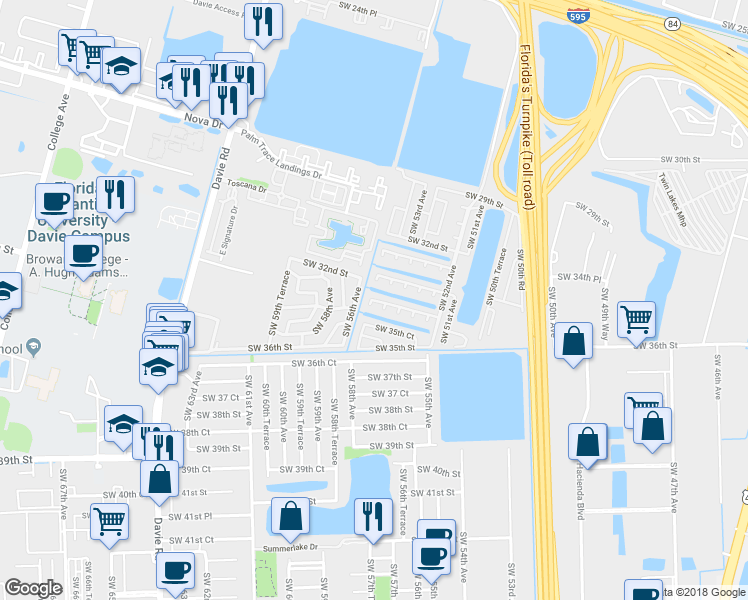 map of restaurants, bars, coffee shops, grocery stores, and more near 5368 Southwest 35th Street in Davie