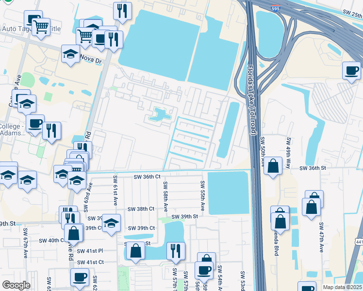 map of restaurants, bars, coffee shops, grocery stores, and more near 5368 Southwest 35th Street in Davie