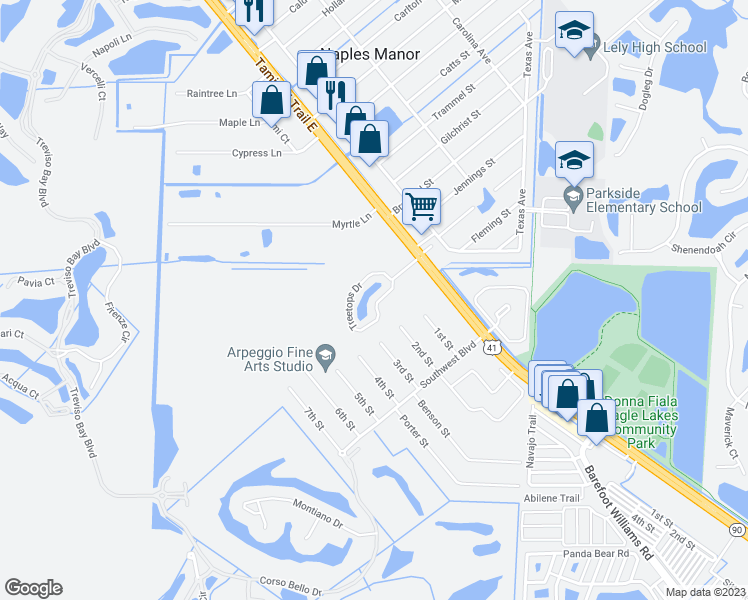 map of restaurants, bars, coffee shops, grocery stores, and more near 5377 Treetops Drive in Naples