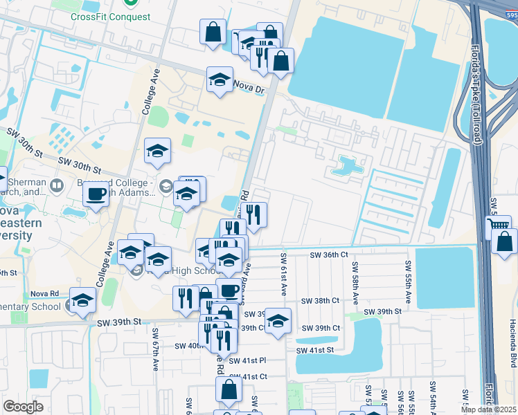 map of restaurants, bars, coffee shops, grocery stores, and more near 3400 Davie Road in Davie
