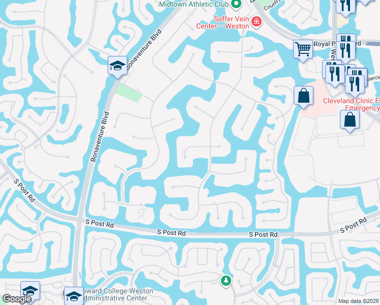 map of restaurants, bars, coffee shops, grocery stores, and more near 3180 Willow Lane in Weston