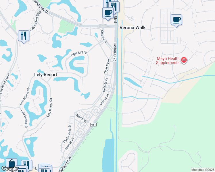 map of restaurants, bars, coffee shops, grocery stores, and more near 8997 Cambria Circle in Naples