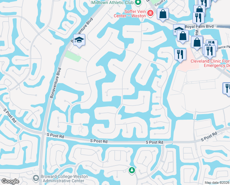 map of restaurants, bars, coffee shops, grocery stores, and more near 3180 Willow Lane in Weston