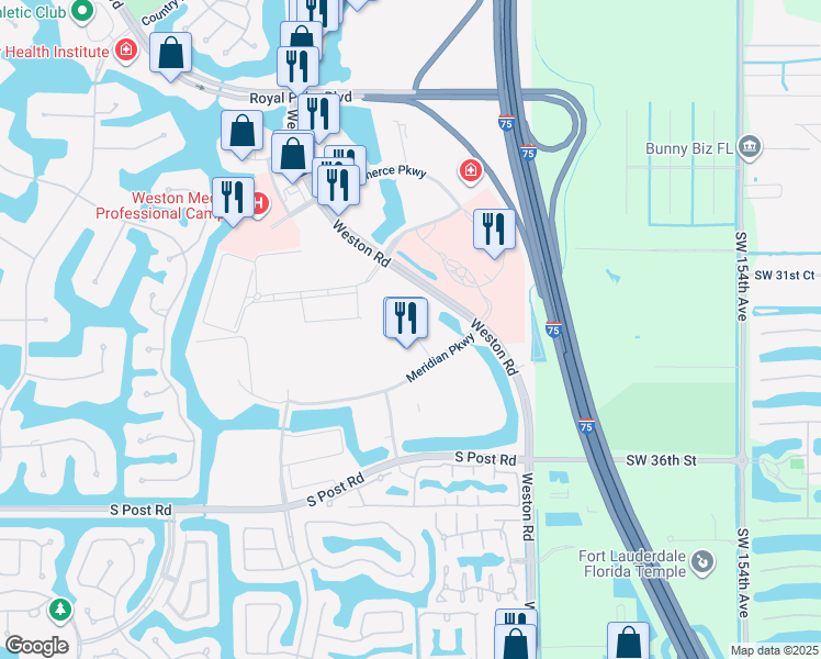 map of restaurants, bars, coffee shops, grocery stores, and more near 3201 Universal Boulevard in Weston