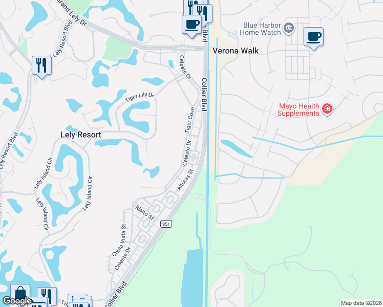 map of restaurants, bars, coffee shops, grocery stores, and more near 8997 Cambria Circle in Naples