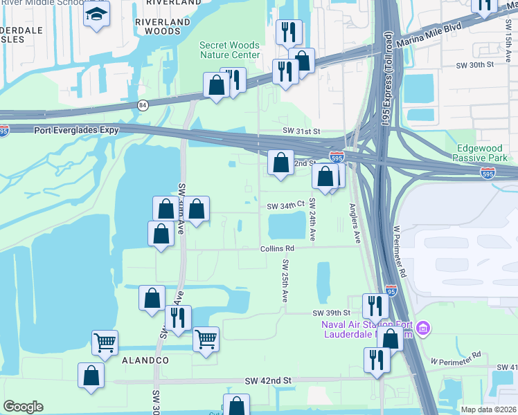 map of restaurants, bars, coffee shops, grocery stores, and more near 3460 Southwest 26th Terrace in Fort Lauderdale