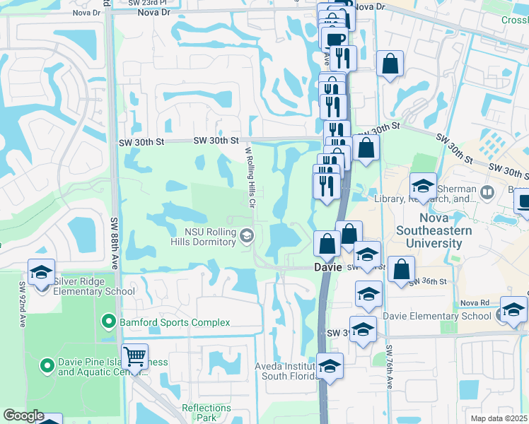 map of restaurants, bars, coffee shops, grocery stores, and more near 3300 West Rolling Hills Circle in Davie