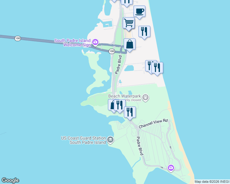 map of restaurants, bars, coffee shops, grocery stores, and more near 340 Padre Boulevard in South Padre Island