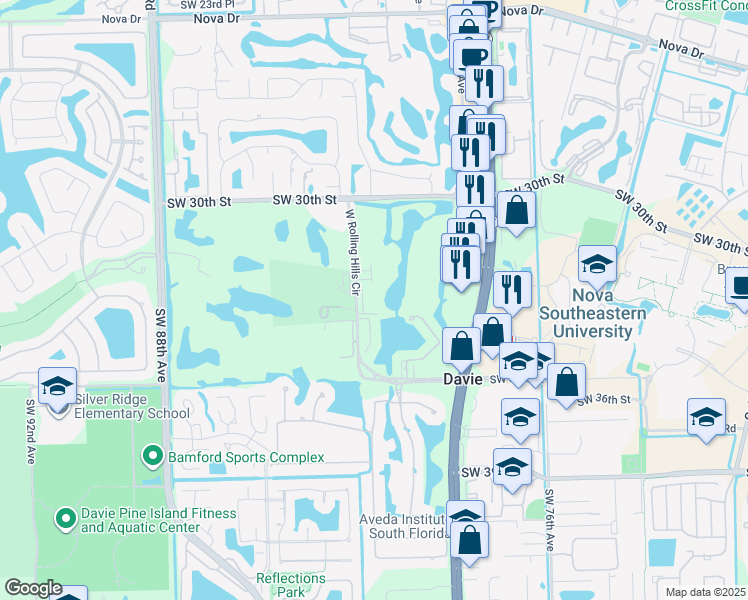 map of restaurants, bars, coffee shops, grocery stores, and more near 3300 West Rolling Hills Circle in Davie