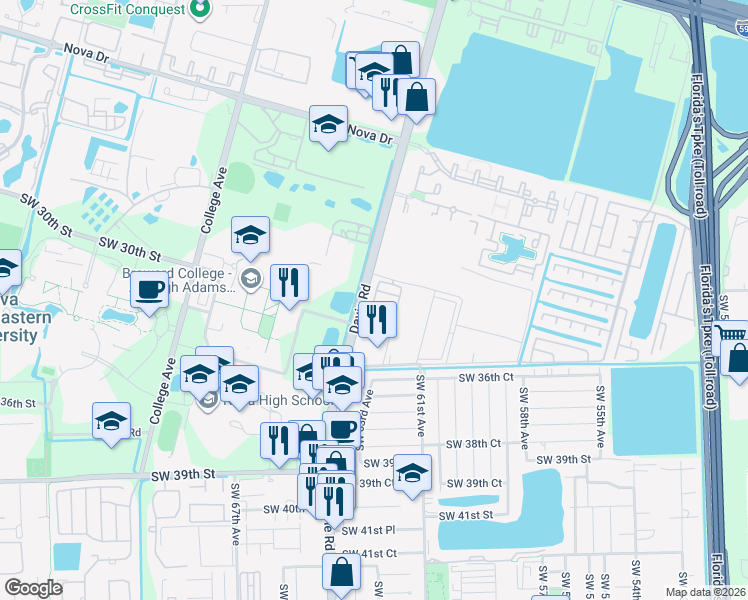 map of restaurants, bars, coffee shops, grocery stores, and more near 3400 Davie Road in Davie
