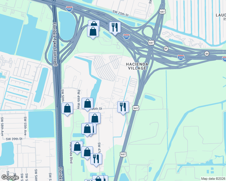map of restaurants, bars, coffee shops, grocery stores, and more near 3540 Burris Road in Davie