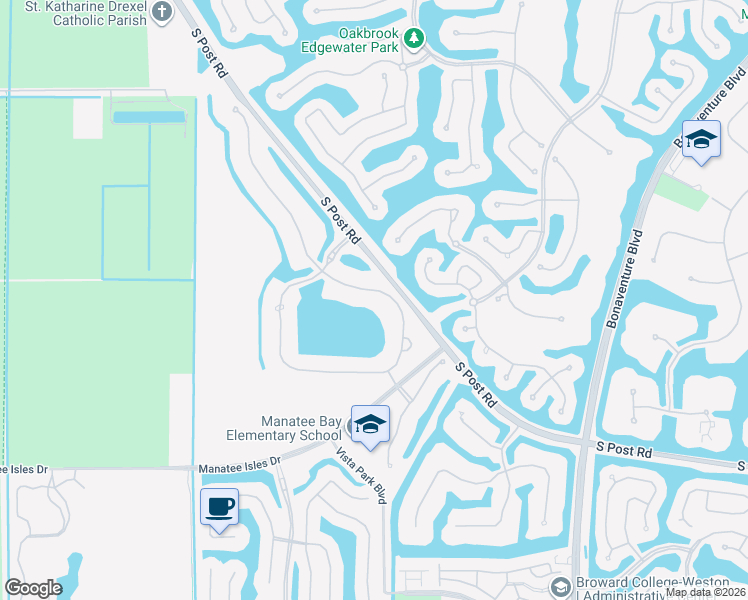 map of restaurants, bars, coffee shops, grocery stores, and more near 3046 Lake Ridge Lane in Weston