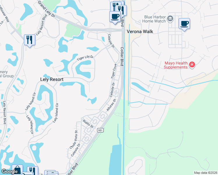 map of restaurants, bars, coffee shops, grocery stores, and more near 8170 Tiger Island Boulevard in Naples