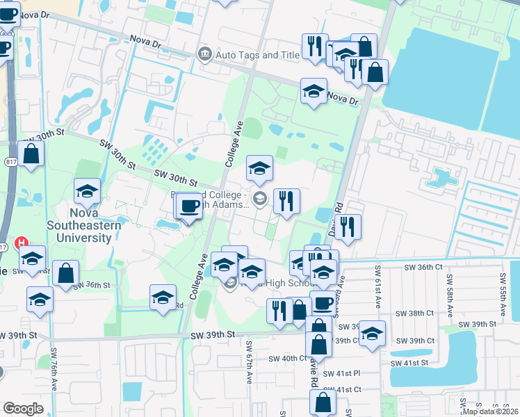 map of restaurants, bars, coffee shops, grocery stores, and more near 3501 Davie Road in Davie