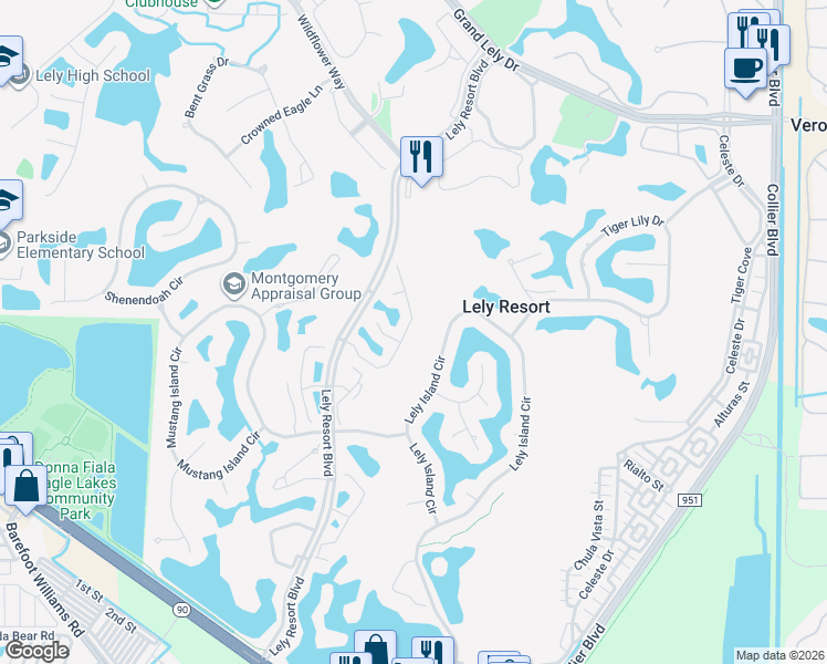 map of restaurants, bars, coffee shops, grocery stores, and more near 7107 Falcons Glen Boulevard in Naples