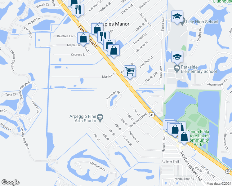 map of restaurants, bars, coffee shops, grocery stores, and more near 5211 Treetops Drive in Naples