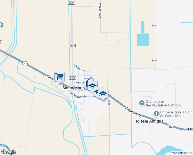 map of restaurants, bars, coffee shops, grocery stores, and more near 6450 Yoakum Road in La Feria