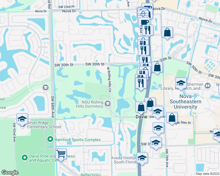 map of restaurants, bars, coffee shops, grocery stores, and more near 3200 Fairway Circle in Davie