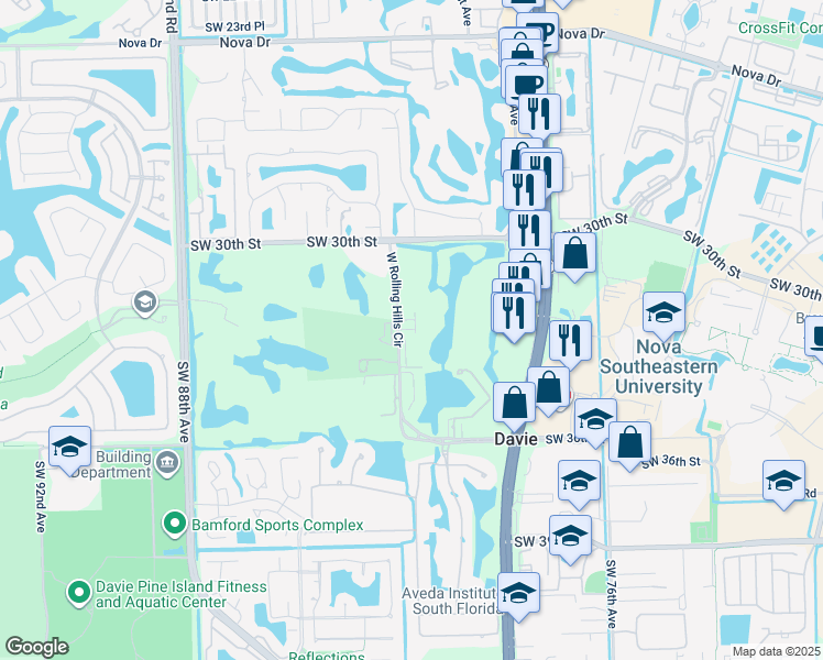 map of restaurants, bars, coffee shops, grocery stores, and more near 3200 Fairway Circle in Davie