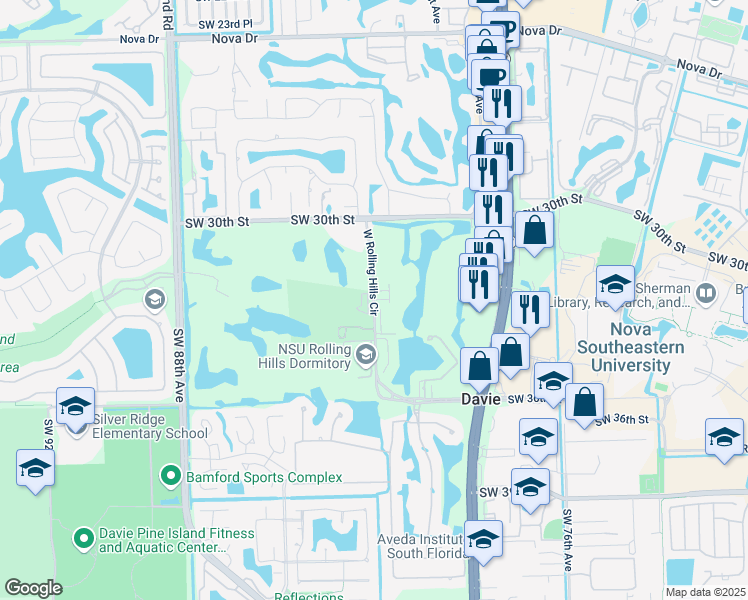 map of restaurants, bars, coffee shops, grocery stores, and more near 3200 Fairway Circle in Davie