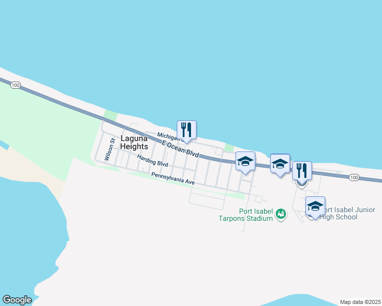 map of restaurants, bars, coffee shops, grocery stores, and more near Texas 100 in Port Isabel