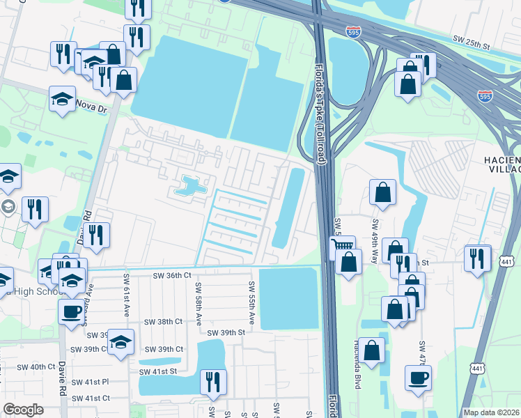 map of restaurants, bars, coffee shops, grocery stores, and more near 2900 Southwest 52nd Avenue in Davie