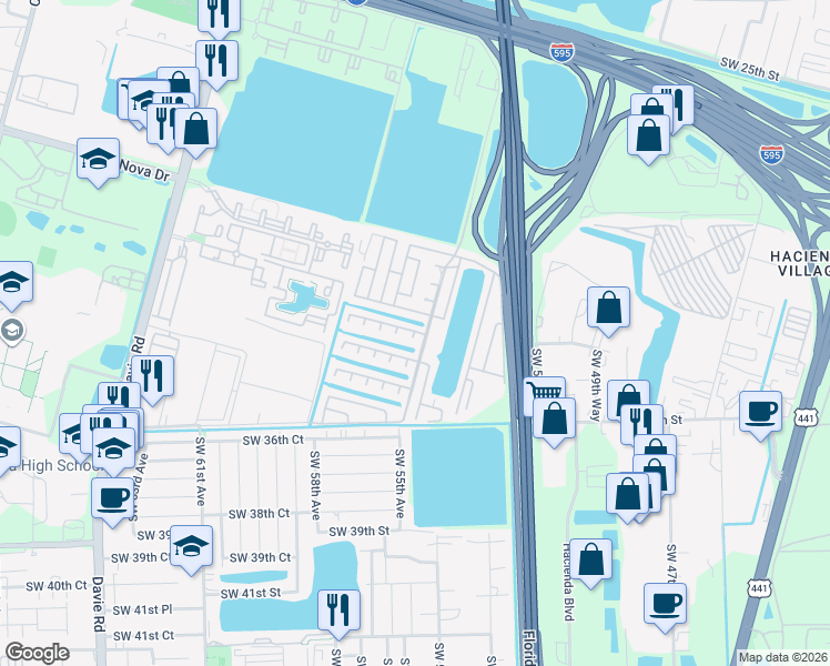 map of restaurants, bars, coffee shops, grocery stores, and more near 2900 Southwest 52nd Avenue in Davie