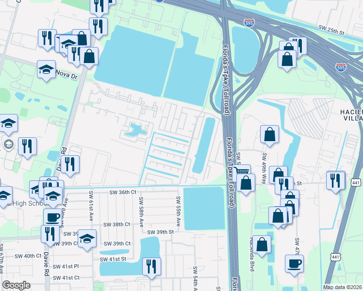 map of restaurants, bars, coffee shops, grocery stores, and more near 2900 Southwest 52nd Avenue in Davie