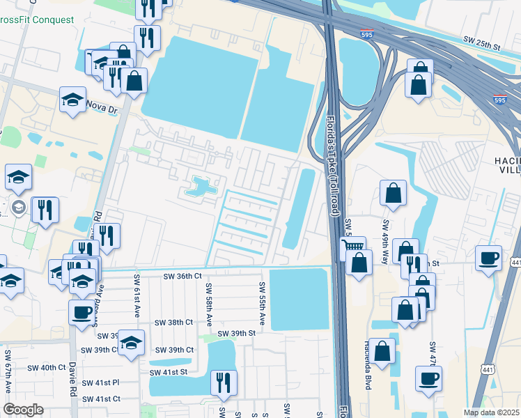 map of restaurants, bars, coffee shops, grocery stores, and more near 5300 Southwest 33rd Street in Davie