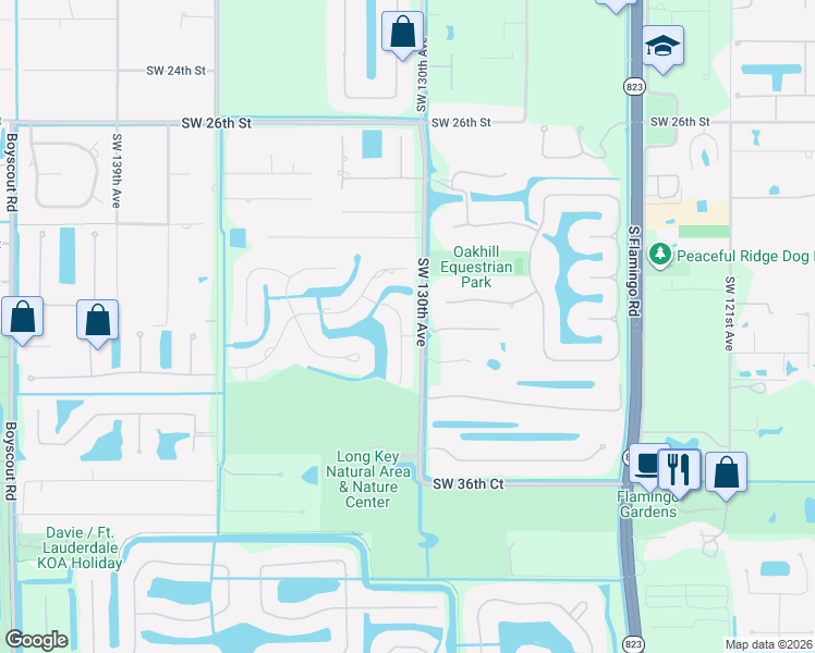 map of restaurants, bars, coffee shops, grocery stores, and more near 3251 Southwest 131st Terrace in Davie