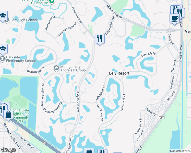 map of restaurants, bars, coffee shops, grocery stores, and more near 7107 Falcons Glen Boulevard in Naples