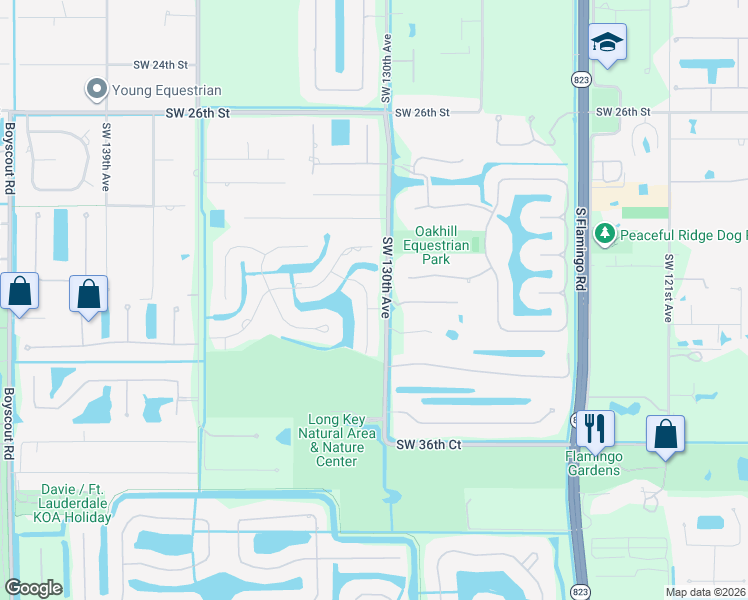 map of restaurants, bars, coffee shops, grocery stores, and more near 3290 Southwest 131st Terrace in Davie