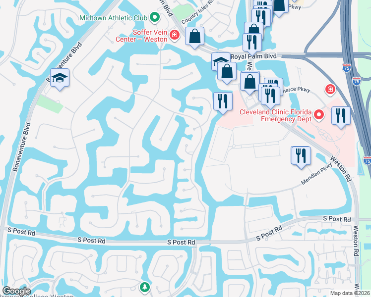 map of restaurants, bars, coffee shops, grocery stores, and more near 3060 Paddock Road in Weston